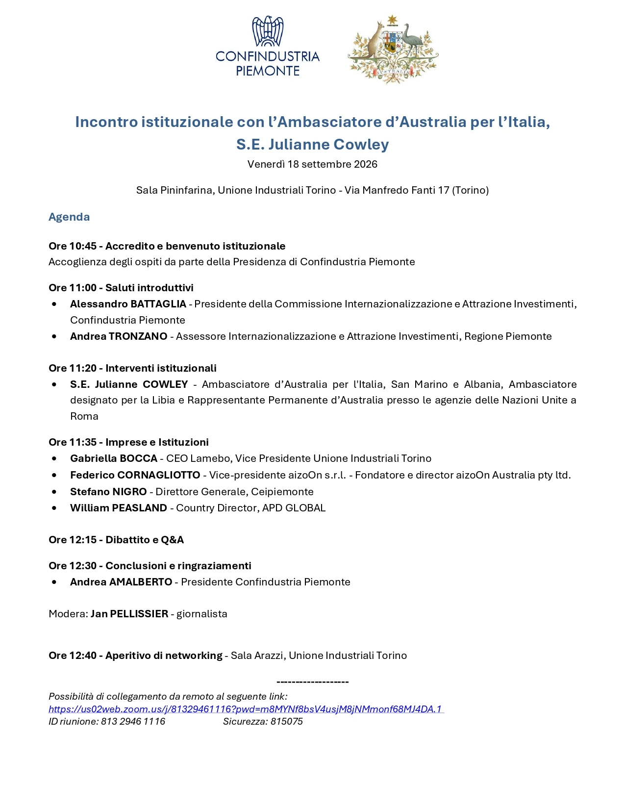 Programma Incontro Australia Torino 18 09 2026